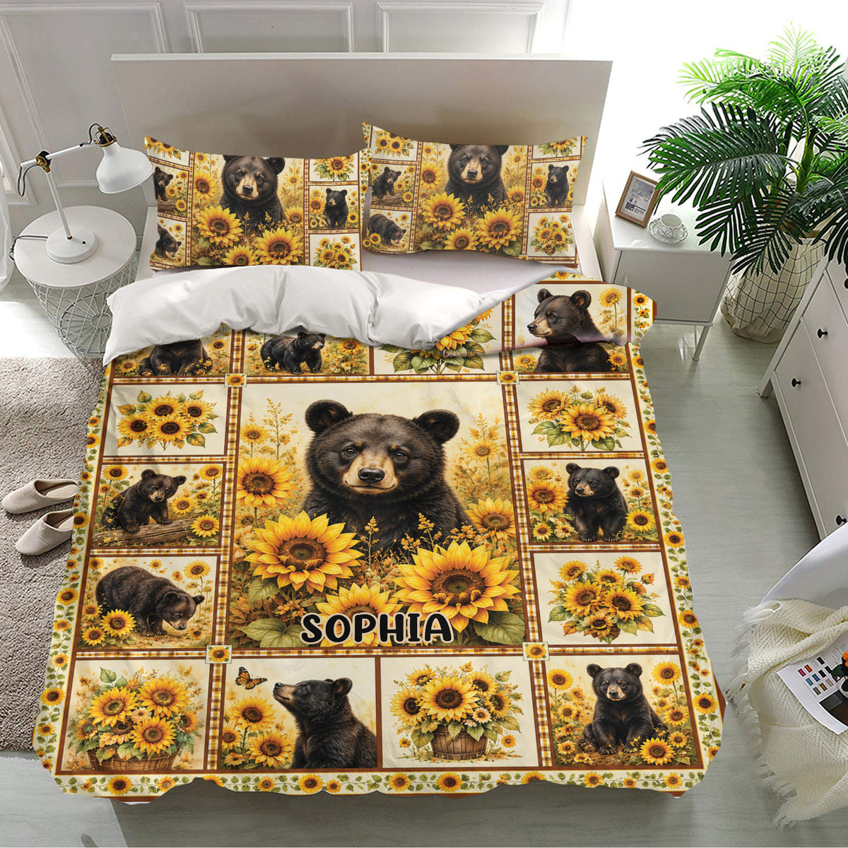Bear and sunflower bedding set presented in a bright modern bedroom with coordinated pillowcases