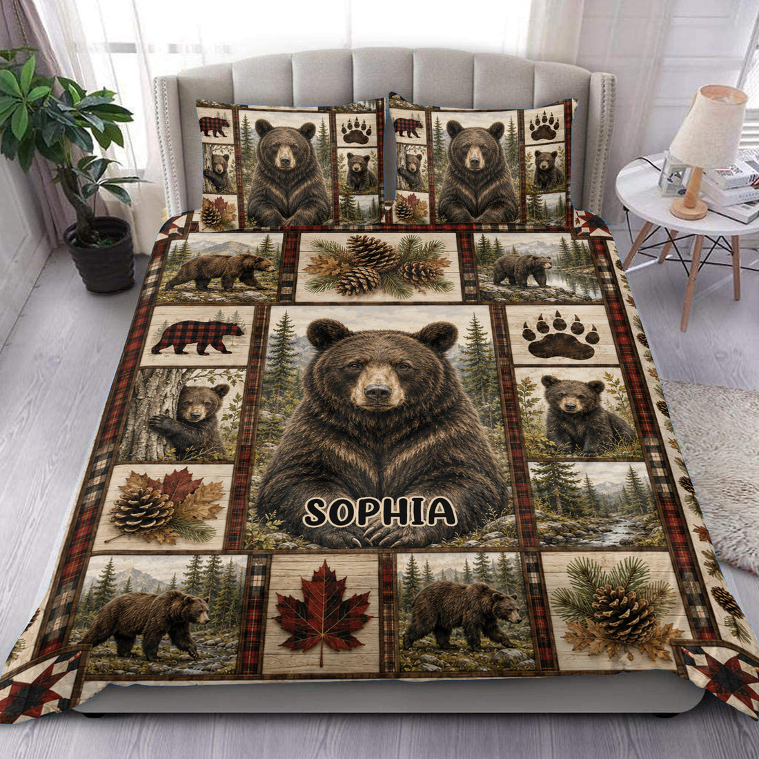 Rustic bear duvet cover set displayed on a bed with forest scenes, pinecones, plaid accents, and bear cubs