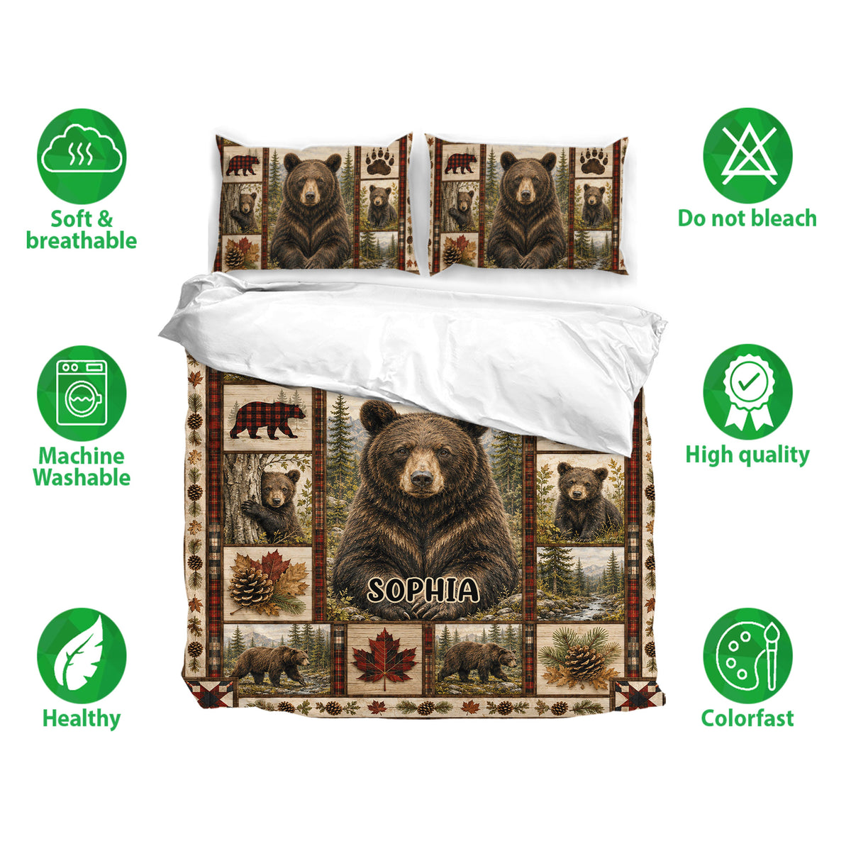Bear duvet cover bedding set shown with matching pillowcases, forest artwork, breathable fabric, and earthy colors