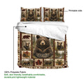 Bear duvet cover set detail showing the printed side, soft polyester fabric, forest panels, and rustic plaid borders