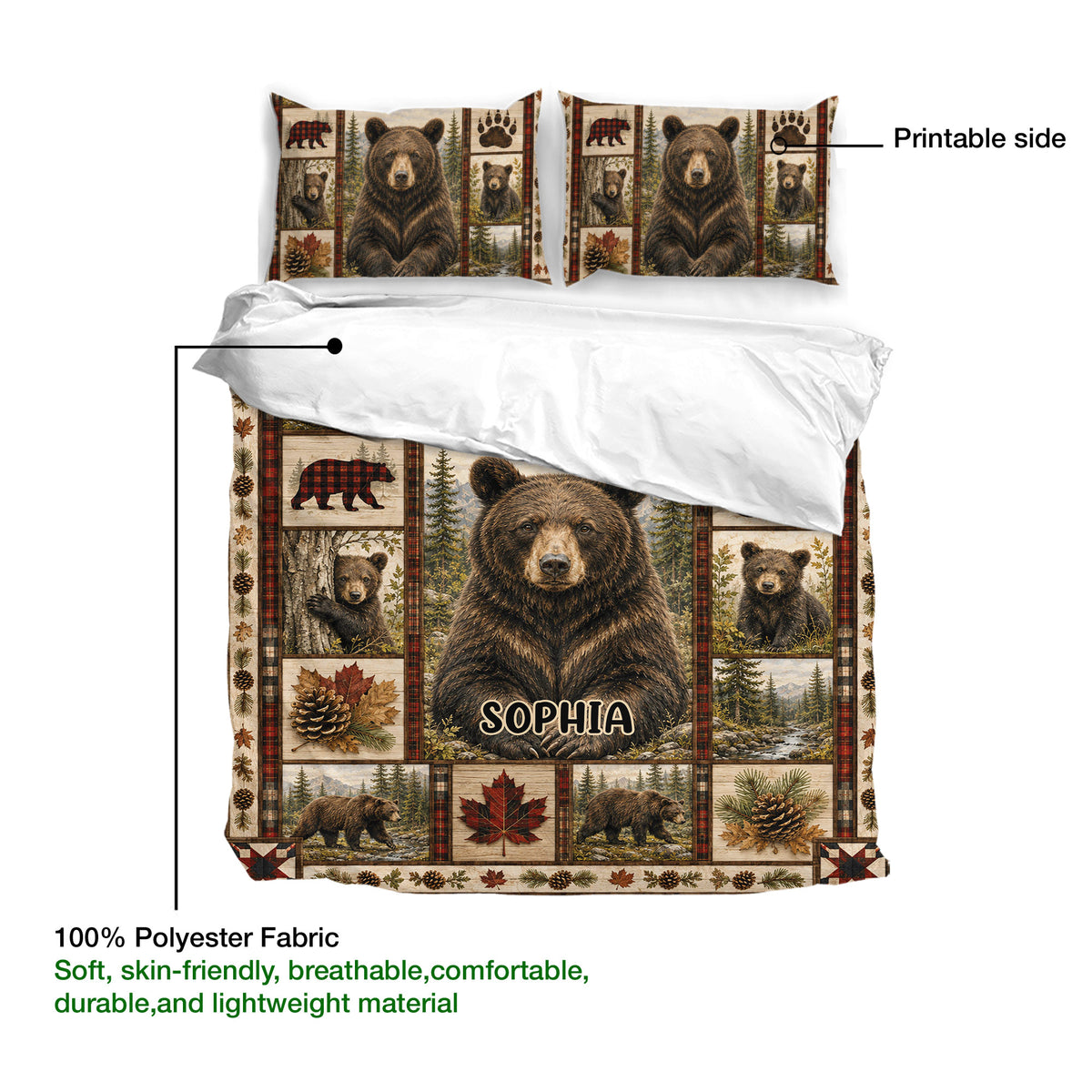 Bear duvet cover set detail showing the printed side, soft polyester fabric, forest panels, and rustic plaid borders