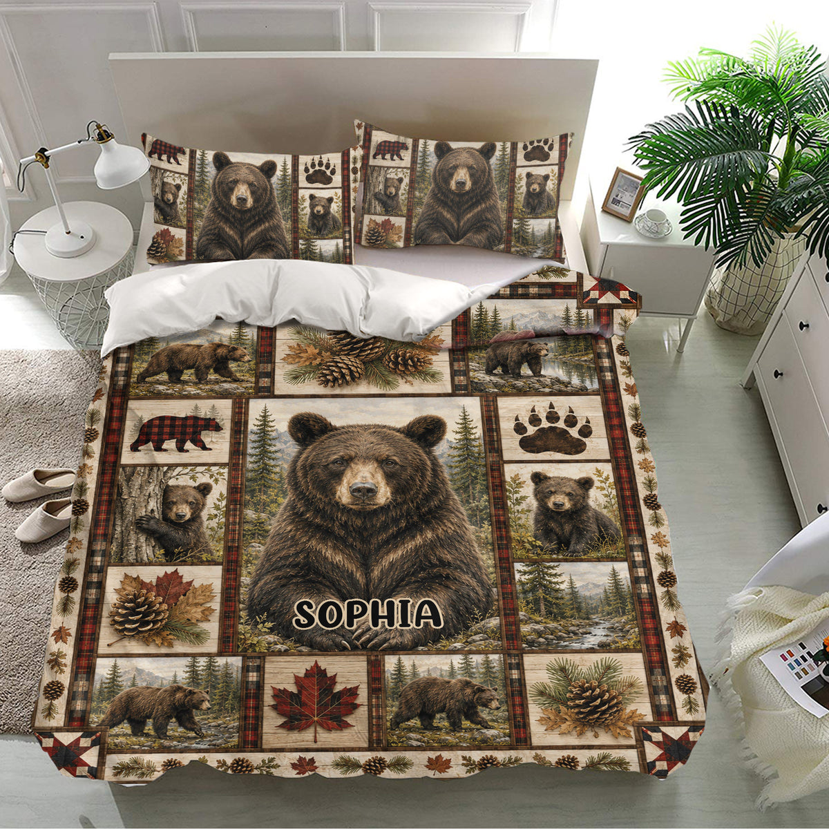 Bear duvet cover and matching pillowcases styled in a bright bedroom with woodland scenes and earthy rustic details