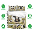 Dairy cow bedding set shown with matching pillowcases and a floral farm scene design