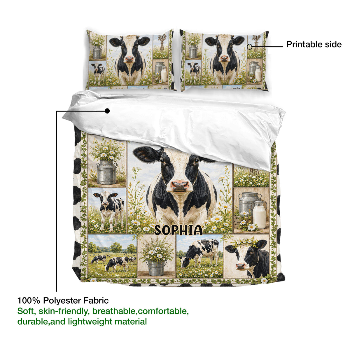 Dairy cow duvet cover bedding set highlighting the printed side and soft polyester fabric