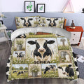 Farmhouse bedroom styled with a dairy cow duvet cover set featuring daisies, barns, and pastoral scenes