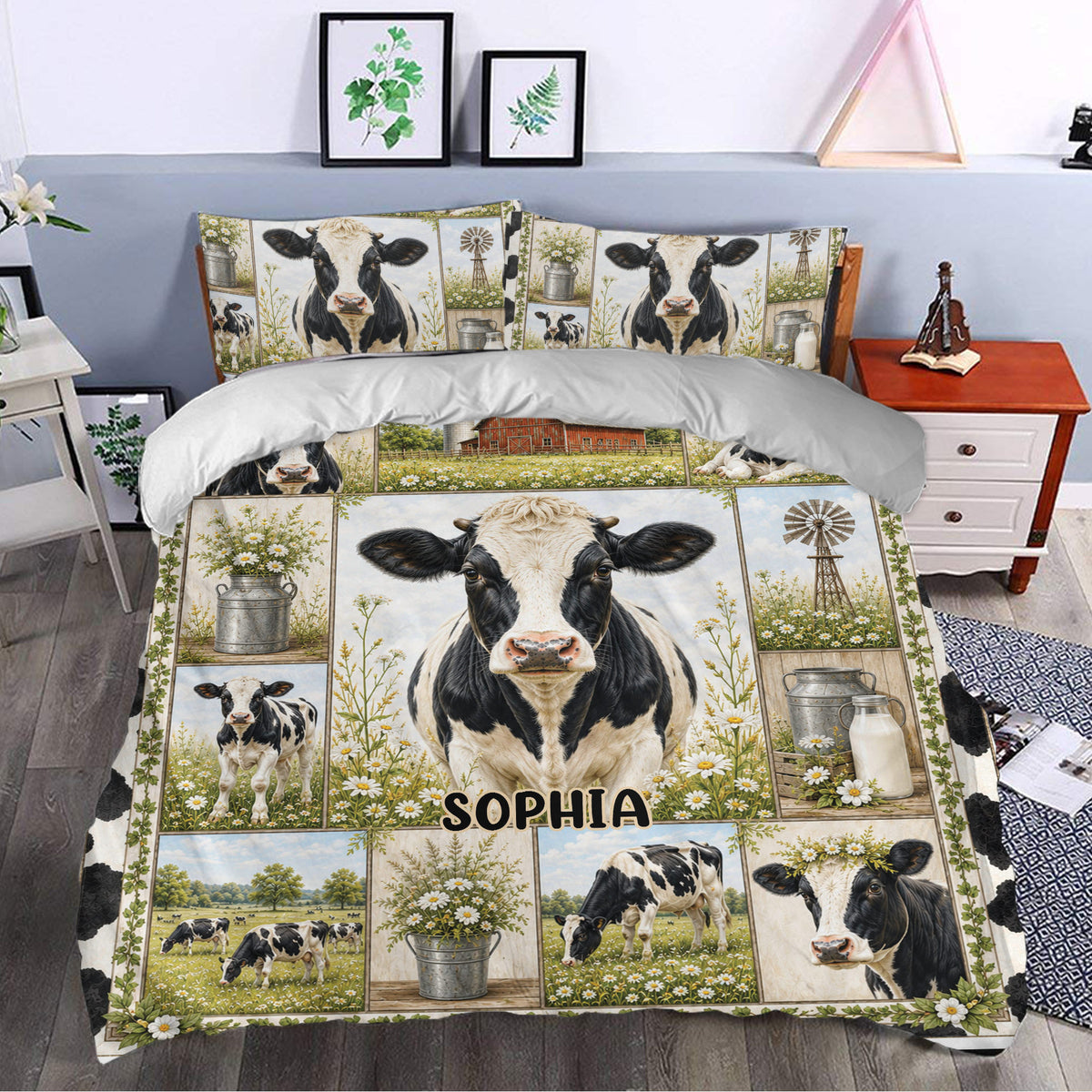 Farmhouse bedroom styled with a dairy cow duvet cover set featuring daisies, barns, and pastoral scenes