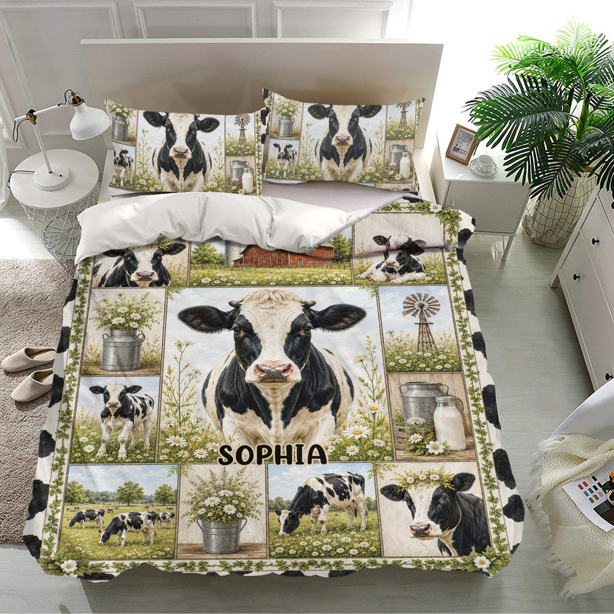 Dairy cow bedding set presented in a bright bedroom with matching floral farm scene pillowcases