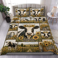 Dairy cow duvet cover set with sunflower farmhouse artwork displayed across a styled bedroom