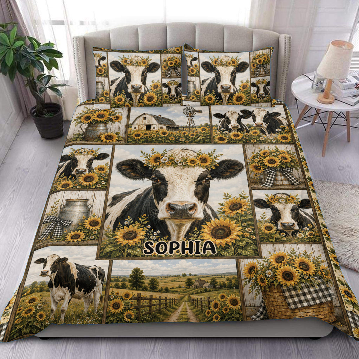 Dairy cow duvet cover set with sunflower farmhouse artwork displayed across a styled bedroom