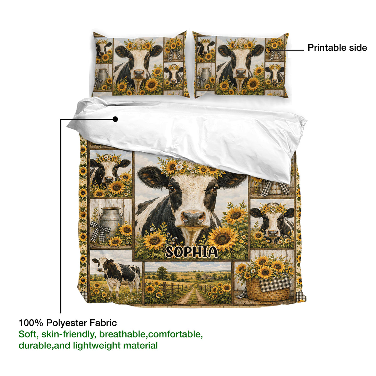 Dairy cow duvet cover set showing the printed side and a sunflower farmhouse design