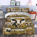 Dairy cow duvet cover with sunflower artwork styled in a cozy farmhouse bedroom