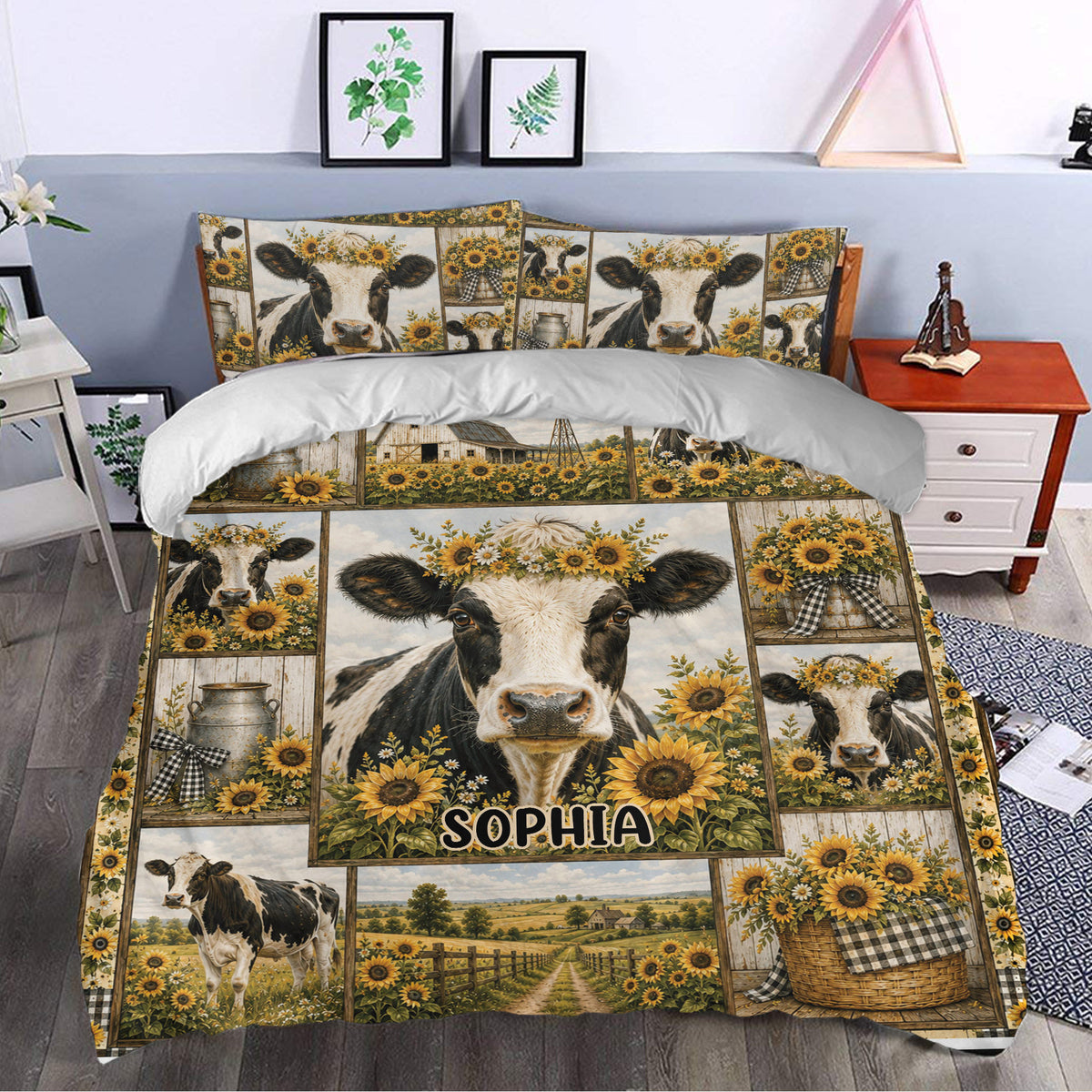 Dairy cow duvet cover with sunflower artwork styled in a cozy farmhouse bedroom