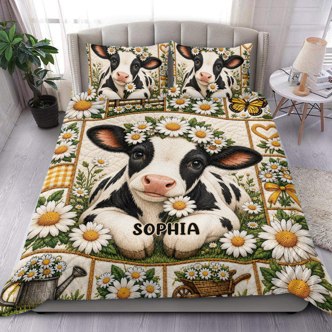 Dairy cow duvet cover set displayed on a bed with daisies, gingham accents, and farm-inspired artwork