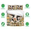 Dairy cow bedding set with floral artwork shown with matching pillowcases and soft breathable fabric icons