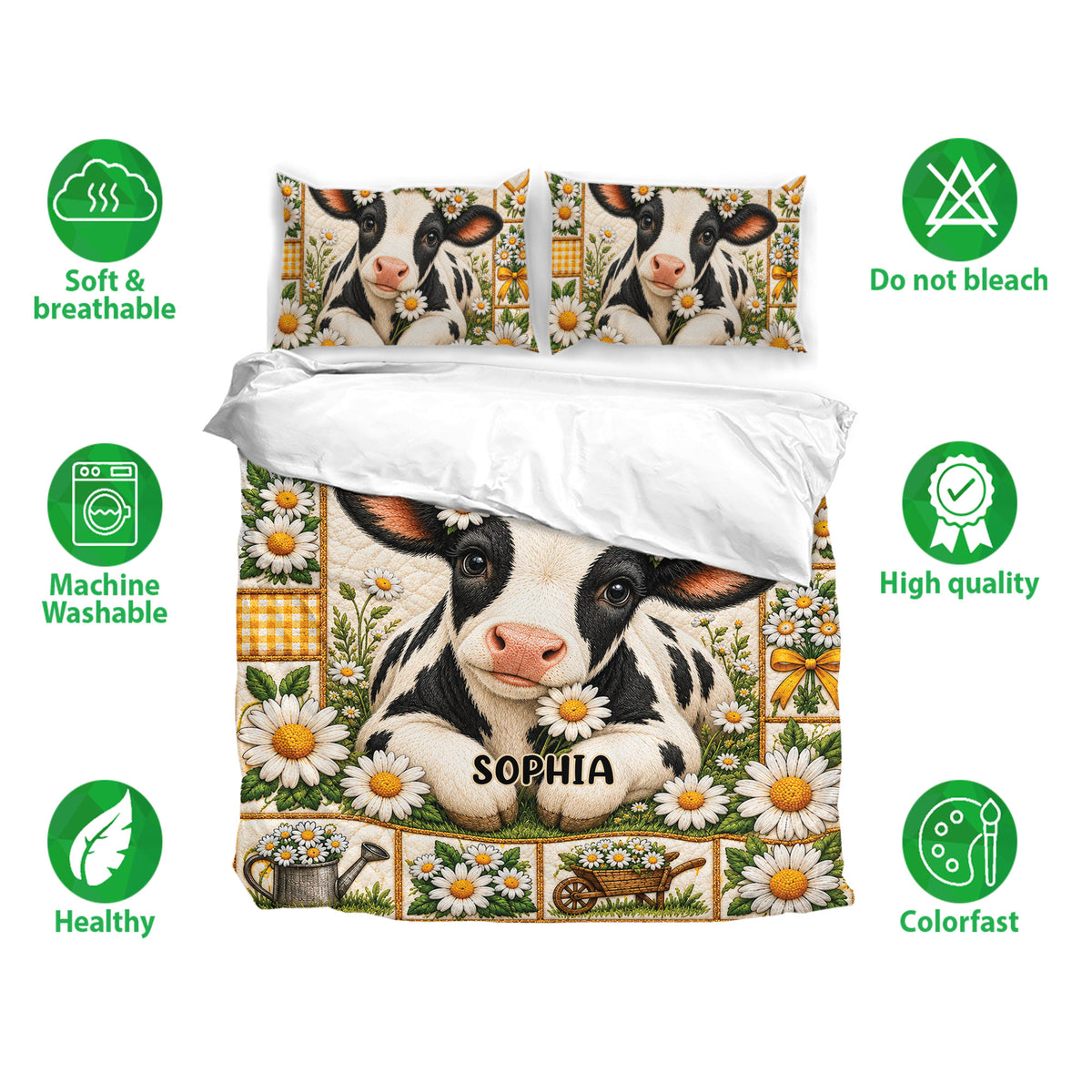 Dairy cow bedding set with floral artwork shown with matching pillowcases and soft breathable fabric icons