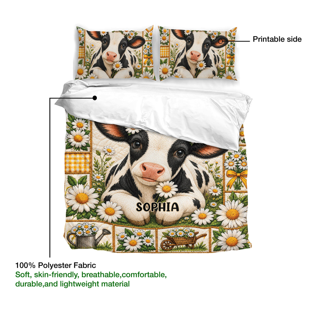 Dairy cow duvet cover with floral farm artwork, printable side, and 100 percent polyester fabric detail
