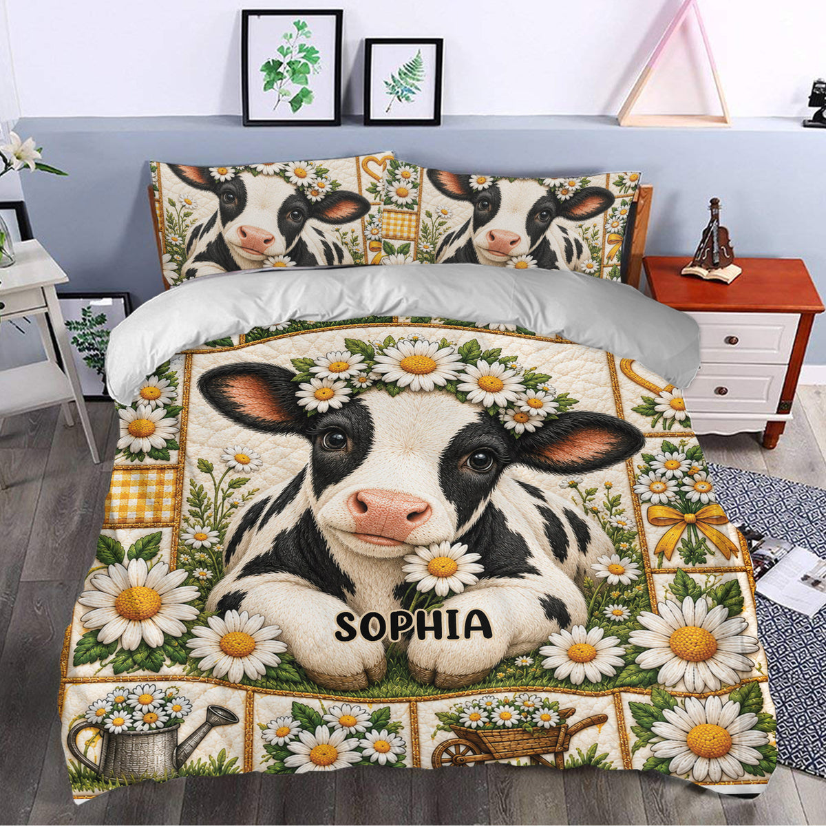 Dairy cow bedding set styled in a bedroom with matching floral pillowcases and farmhouse-inspired decor