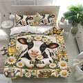 Dairy cow duvet cover bedding set in a bright bedroom with daisies, bows, and matching pillowcases