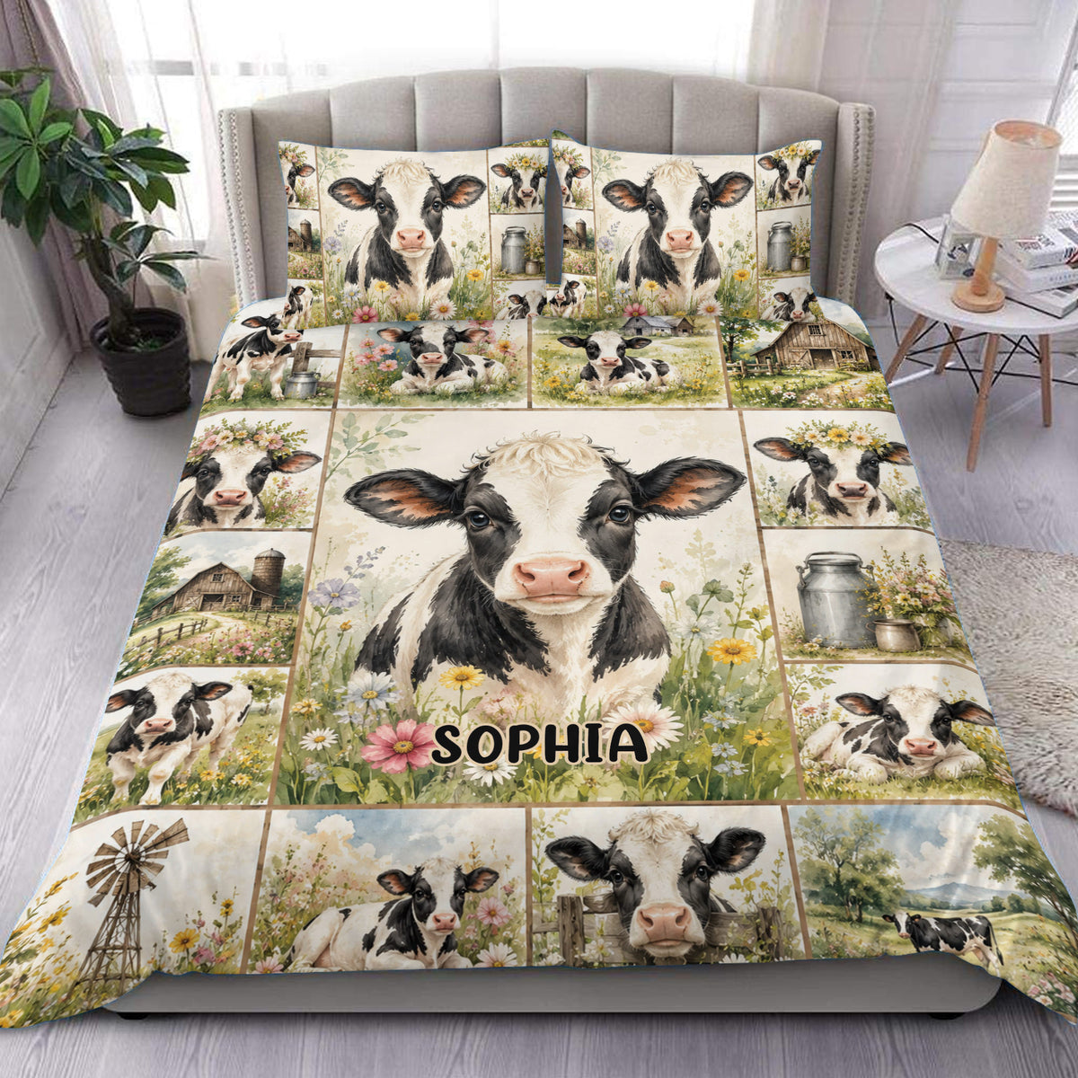 Dairy cow duvet cover set displayed on a bed with floral farm scenes and a large central cow portrait