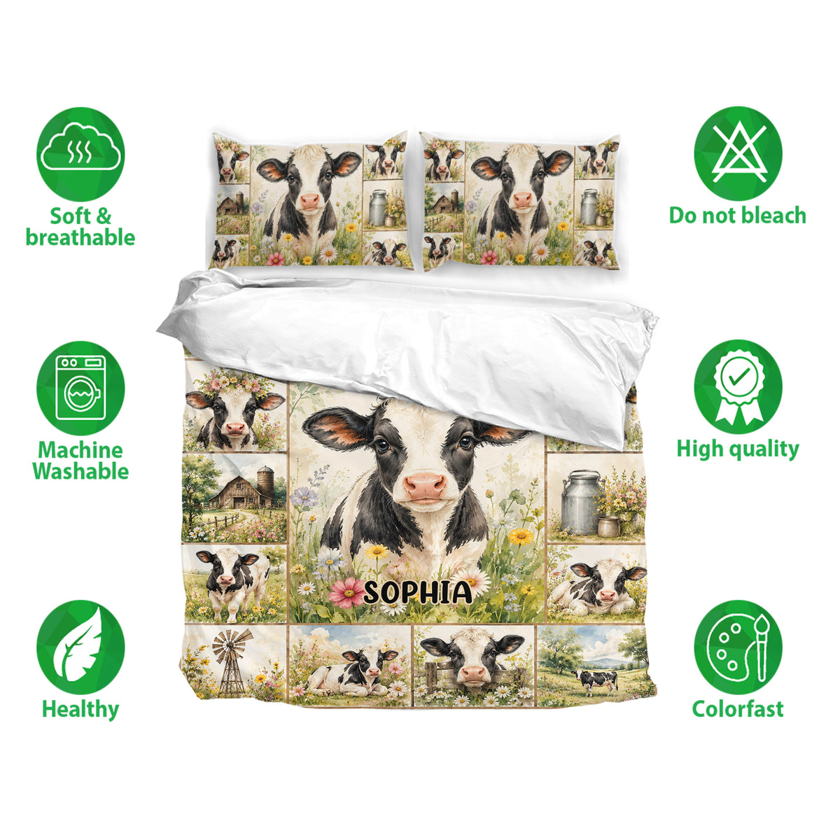 Dairy cow bedding set with matching pillowcases, floral farm artwork, and soft breathable fabric details
