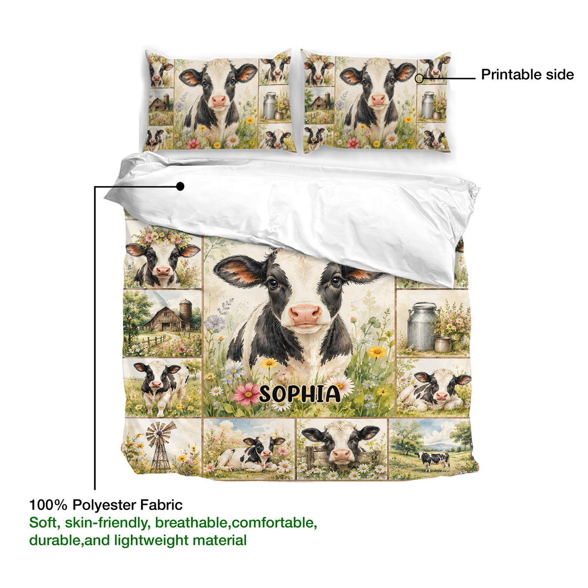Dairy cow duvet cover bedding set showing printable artwork and 100% polyester fabric details