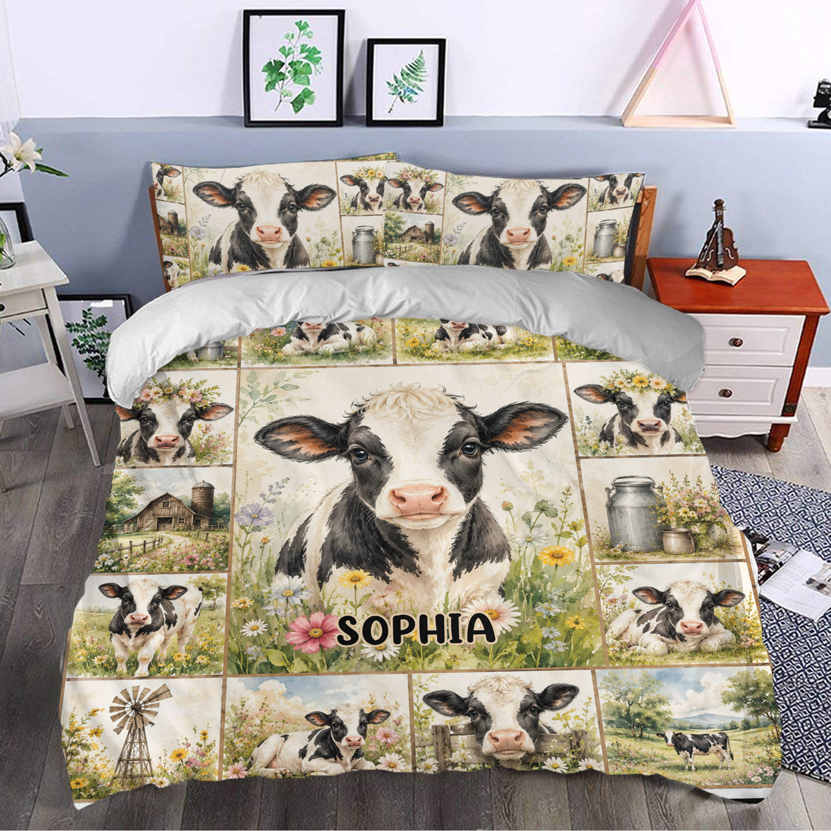Dairy cow duvet cover set styled in a bedroom with floral countryside artwork and farmhouse decor