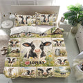 Dairy cow bedding set on a modern bed with matching pillowcases, barn scenes, flowers, and cow portraits