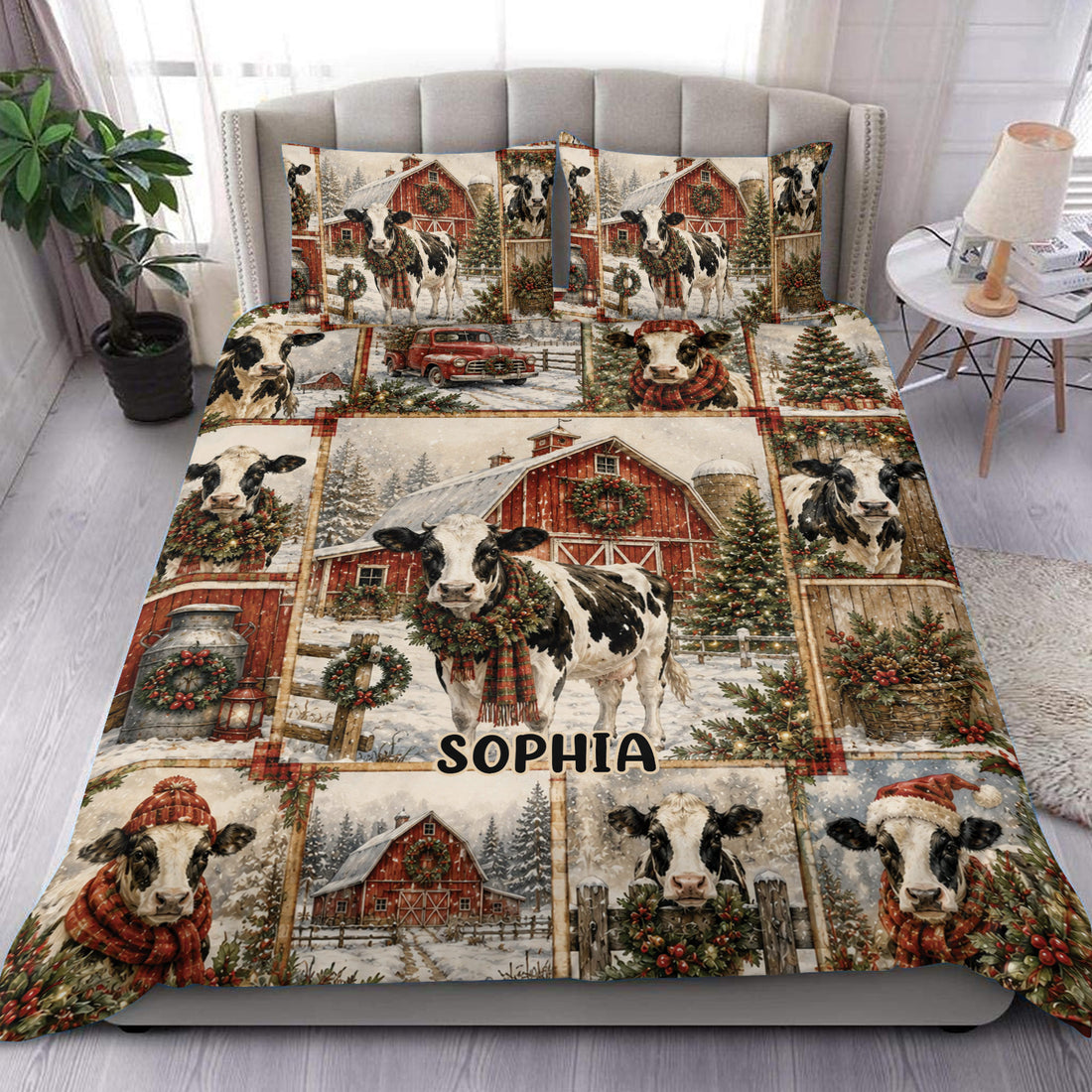 Dairy cow duvet cover bedding set with snowy red barn scenes, Christmas trees, wreaths, and scarves