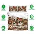 Dairy cow bedding set displayed on a bed with matching pillowcases and festive winter farm artwork