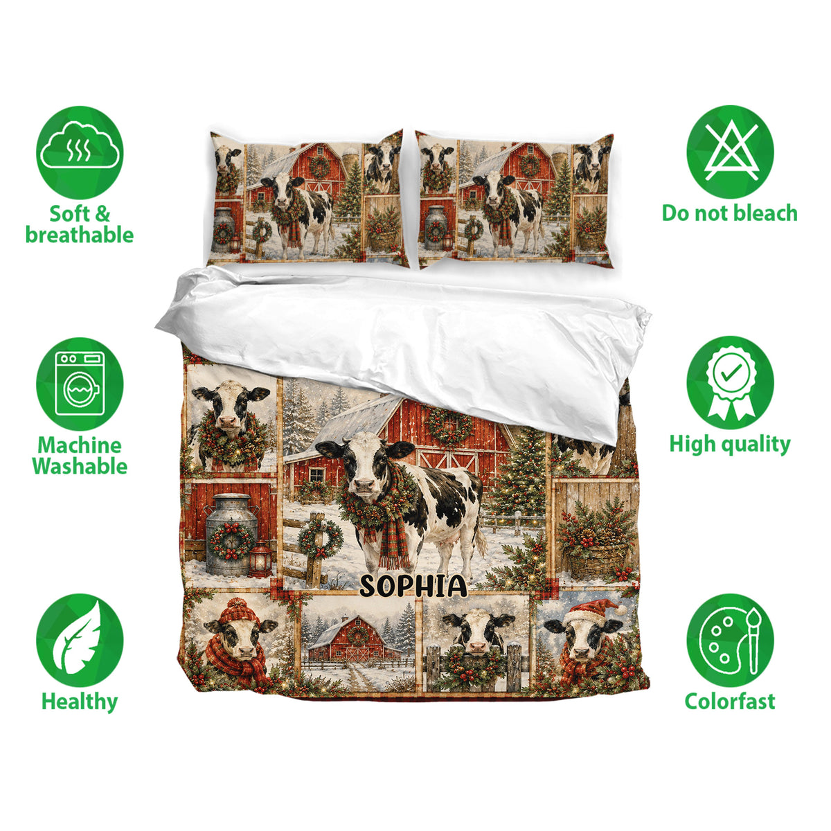 Dairy cow bedding set displayed on a bed with matching pillowcases and festive winter farm artwork