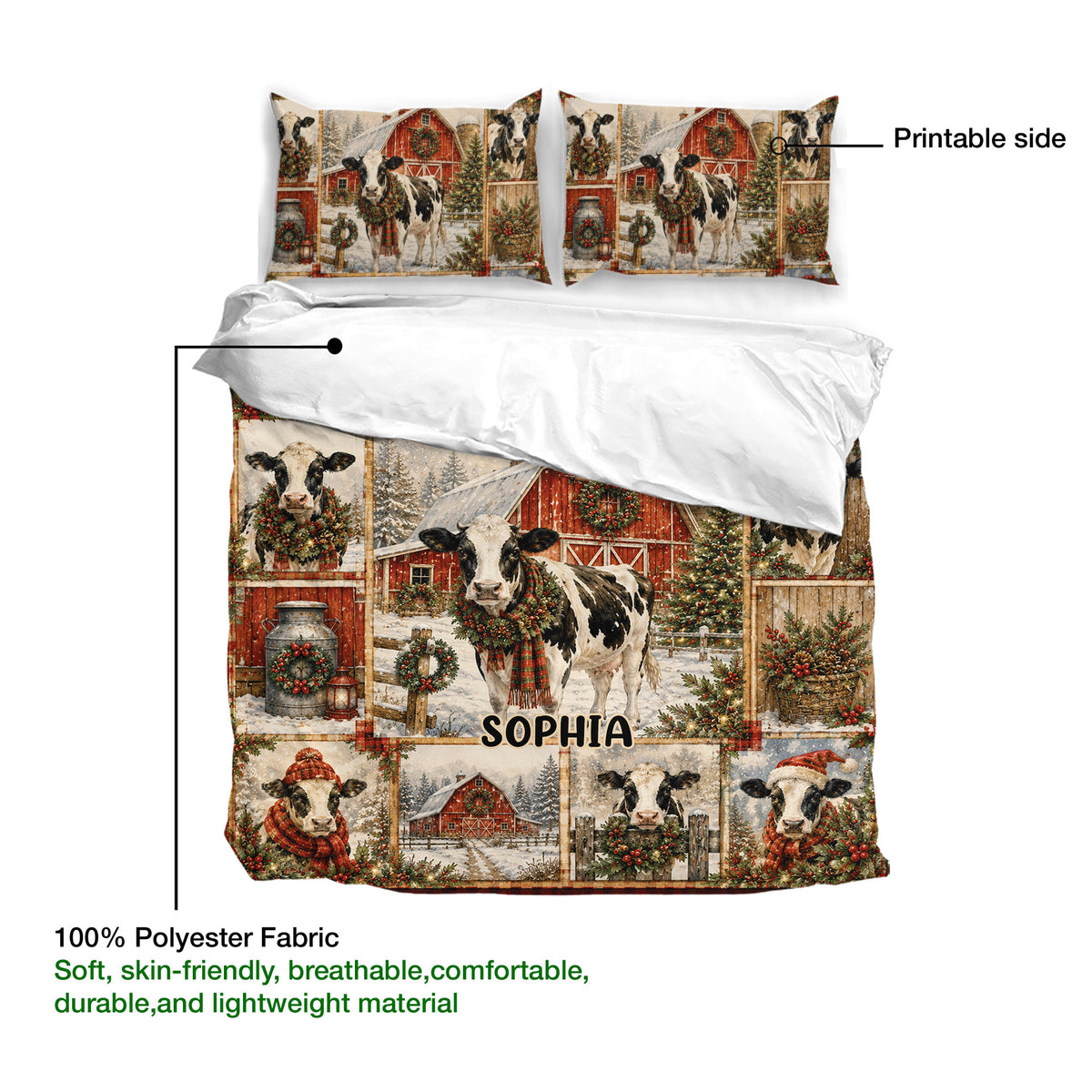 Dairy cow duvet cover set showing printable artwork on the front with a soft polyester fabric detail