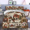 Christmas dairy cow duvet cover styled in a bedroom with snowy barn scenes and festive farmhouse artwork