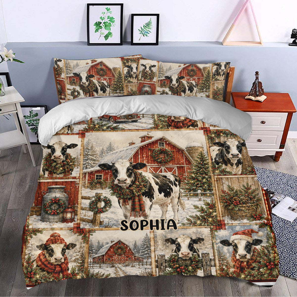 Christmas dairy cow duvet cover styled in a bedroom with snowy barn scenes and festive farmhouse artwork