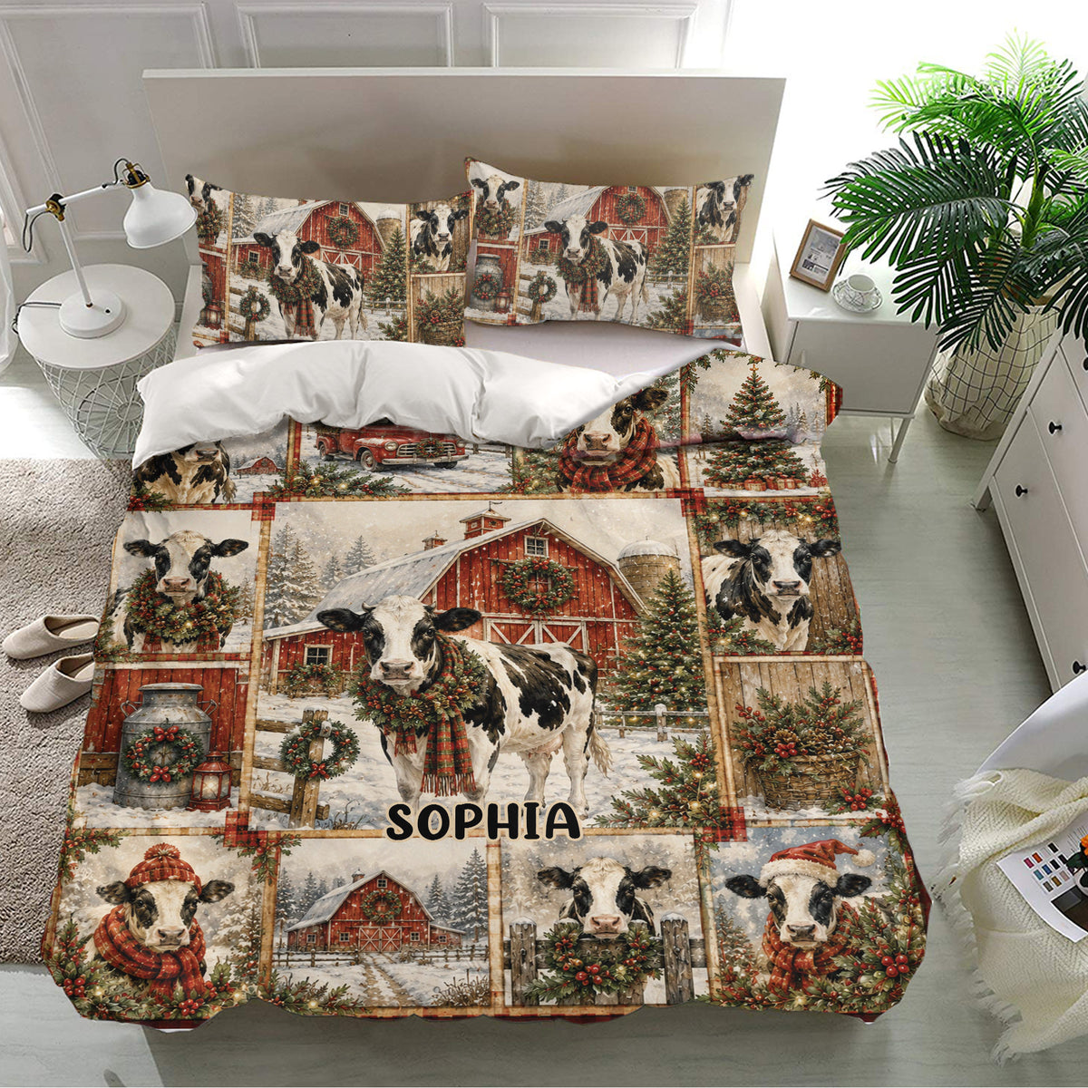 Dairy cow bedding set presented in a bright bedroom with matching pillowcases and Christmas farm scenery