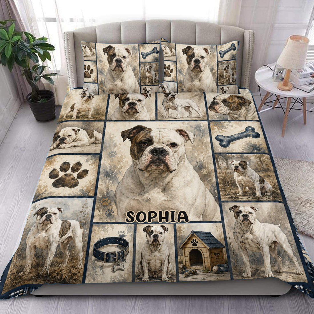 Custom name American Bulldog duvet cover bedding set with vintage dog portrait collage, white and brindle bulldogs, paw print, dog bone, collar and doghouse illustrations, matching pillowcase designs