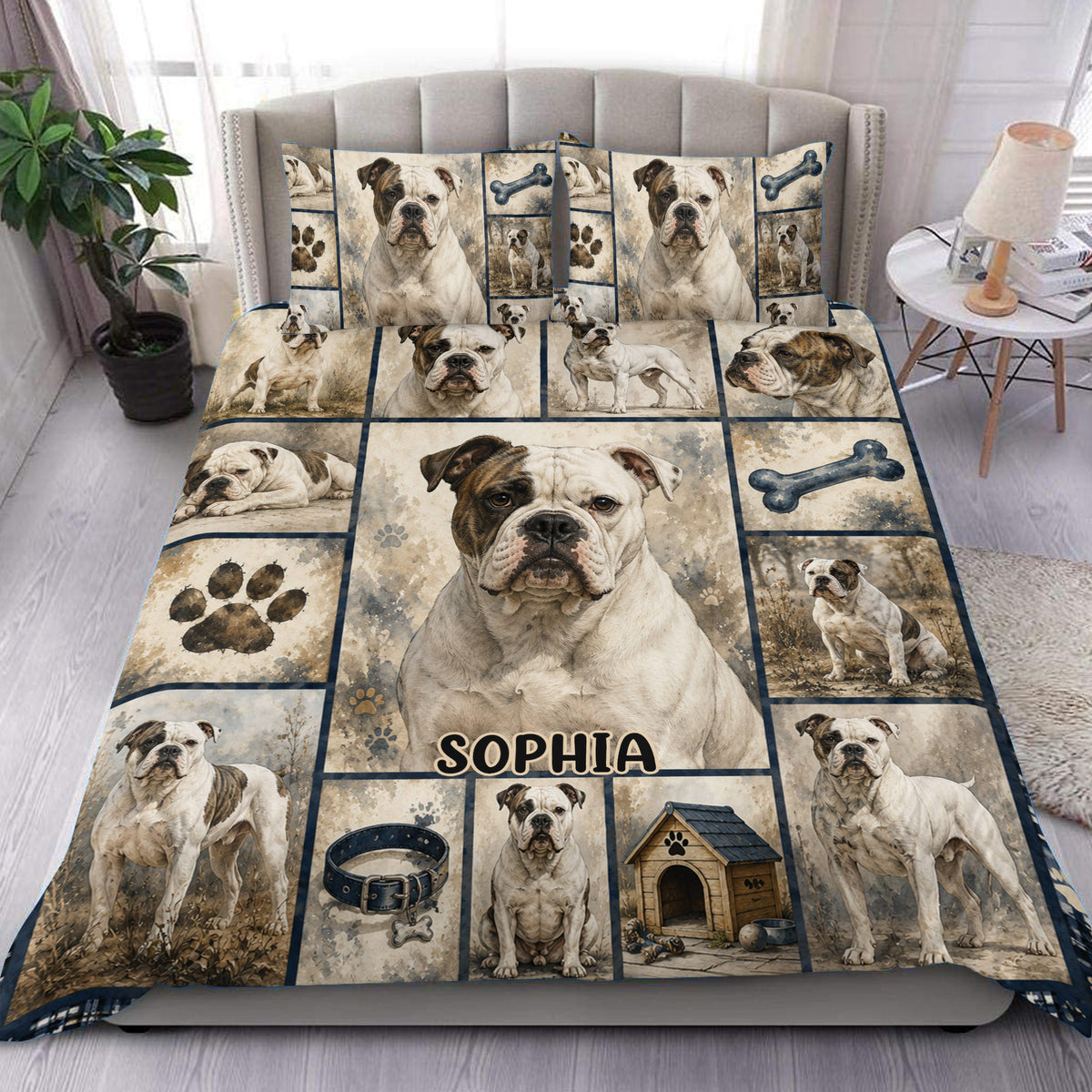 Custom name American Bulldog duvet cover bedding set with vintage dog portrait collage, white and brindle bulldogs, paw print, dog bone, collar and doghouse illustrations, matching pillowcase designs
