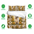 American Bulldog bedding set with sunflower artwork, matching pillowcases, and soft breathable fabric icons