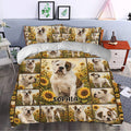American Bulldog duvet cover styled in a bedroom with sunflower panels and repeated dog portraits