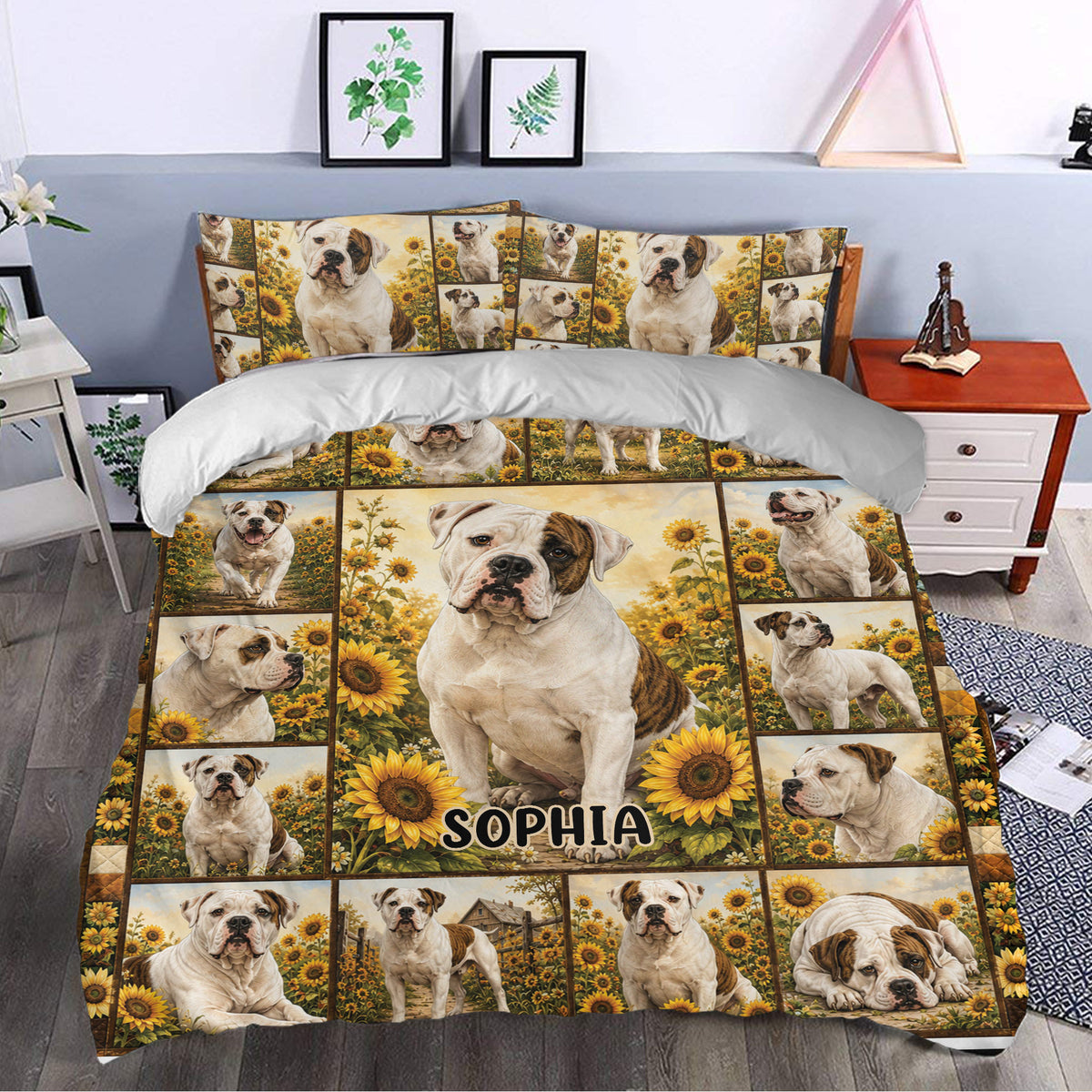 American Bulldog duvet cover styled in a bedroom with sunflower panels and repeated dog portraits