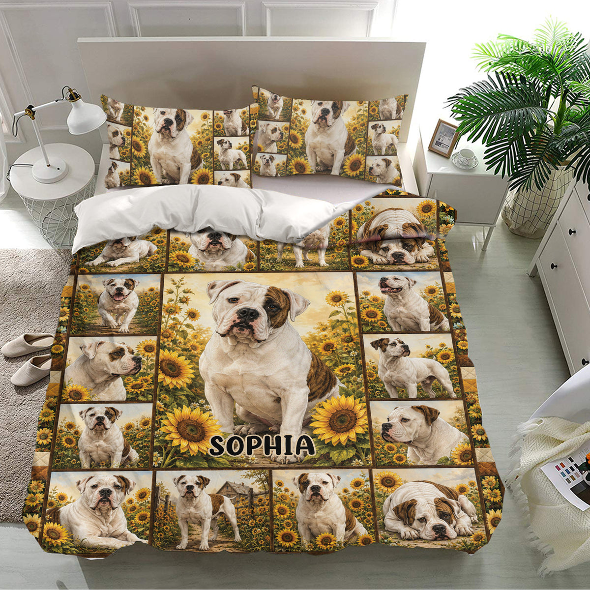 American Bulldog bedding set shown in a bright bedroom with sunflower artwork and matching pillowcases