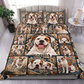 American Bulldog duvet cover set displayed on a bed with ornate blue, tan, orange, and red patterns