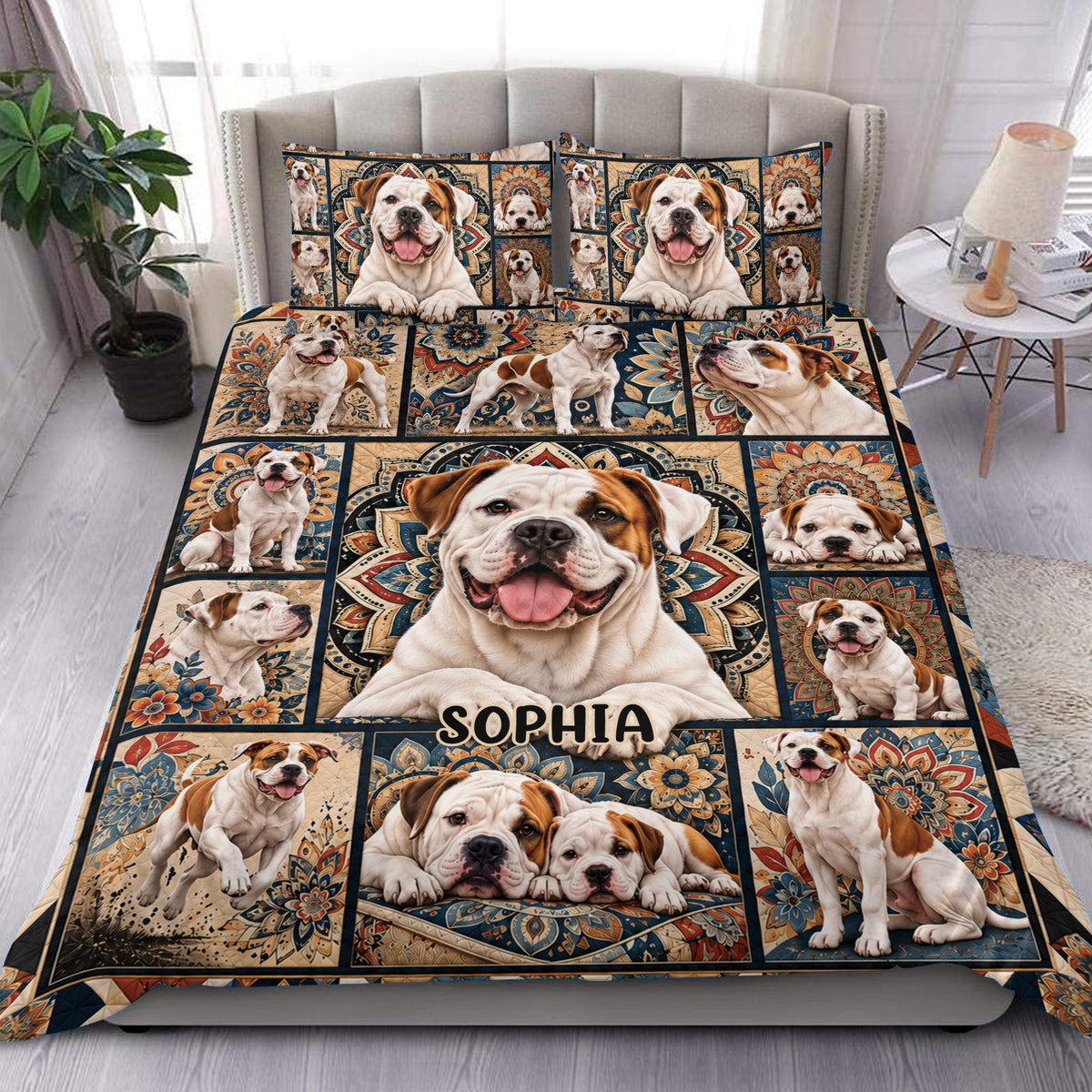 American Bulldog duvet cover set displayed on a bed with ornate blue, tan, orange, and red patterns