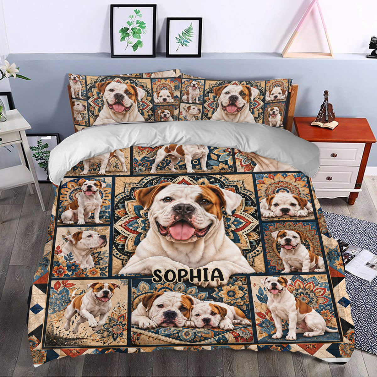 American Bulldog bedding displayed in a modern bedroom with a detailed mandala-inspired pattern