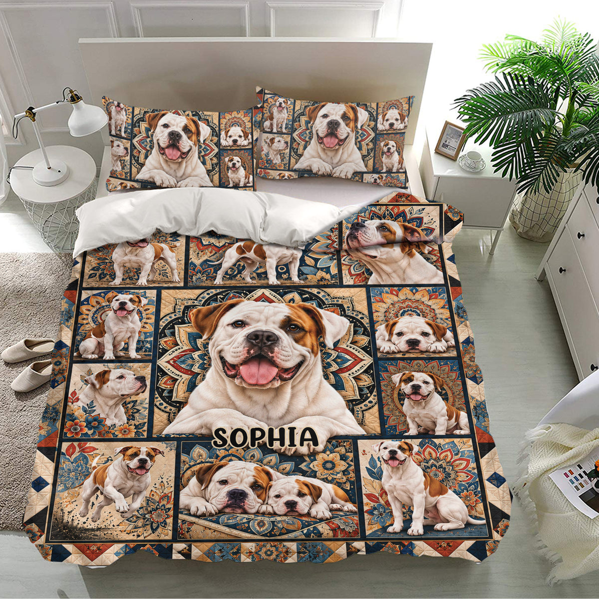 American Bulldog duvet cover set styled in a bright bedroom with matching patterned pillowcases