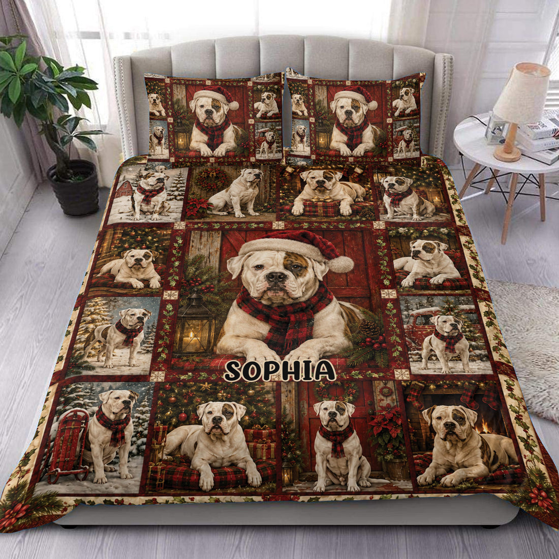 American Bulldog duvet cover bedding set with Christmas scenes, red plaid accents, and matching pillowcases