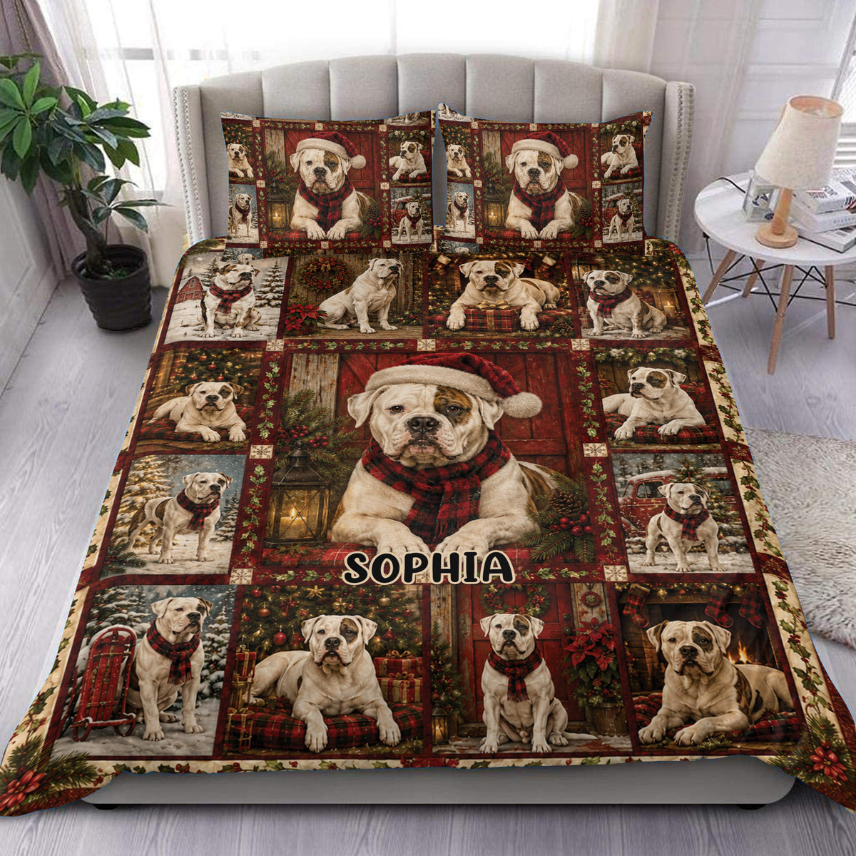 American Bulldog duvet cover bedding set with Christmas scenes, red plaid accents, and matching pillowcases