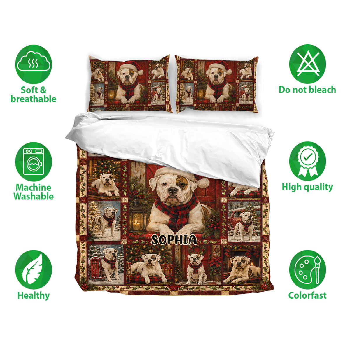 American Bulldog Christmas duvet cover set displayed with matching pillowcases and soft breathable bedding details