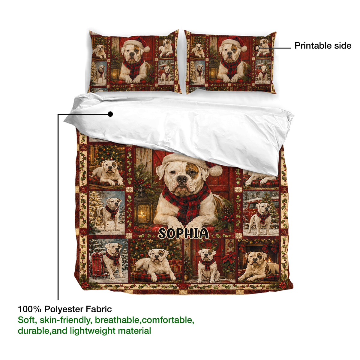 American Bulldog duvet cover set showing the printed side, fabric detail, and festive red holiday artwork