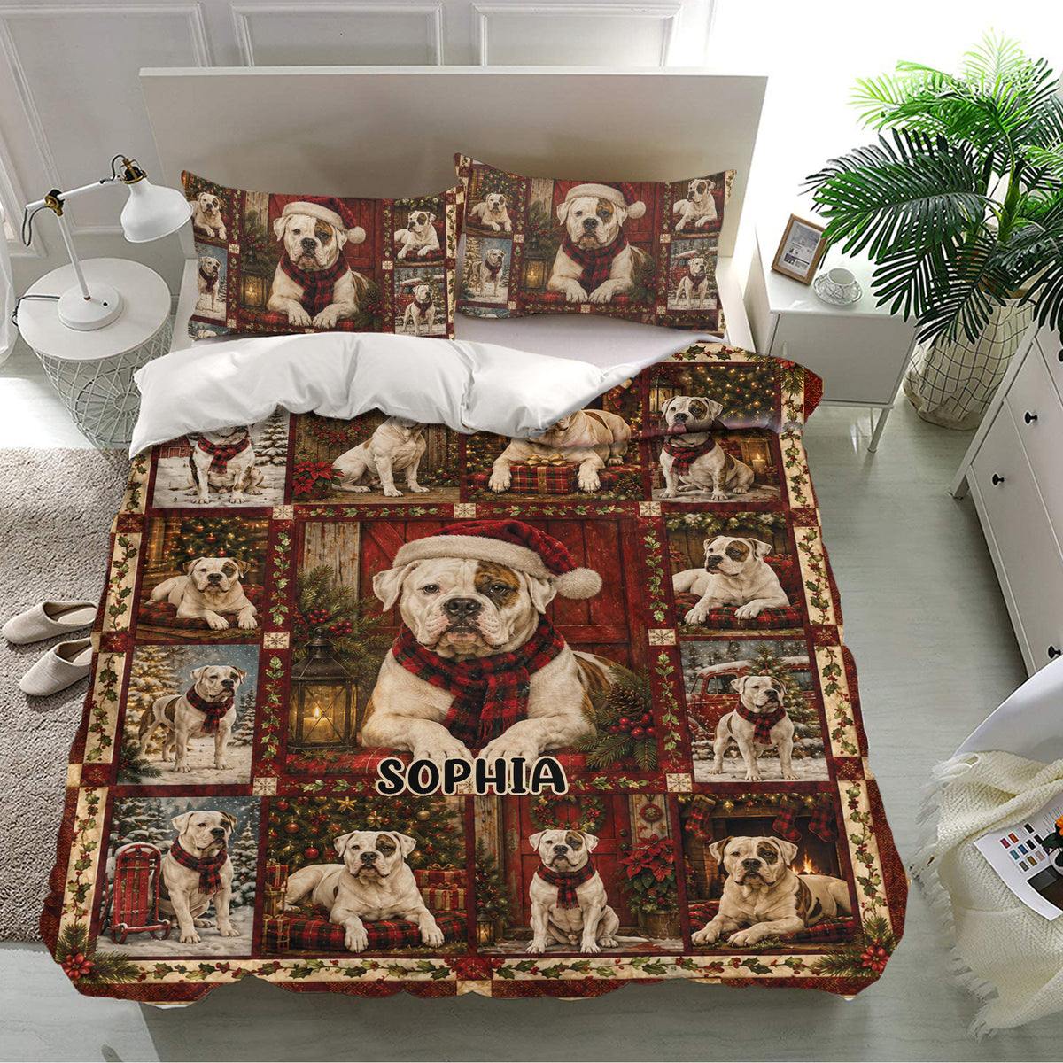 American Bulldog duvet cover bedding set on a bright bedroom bed with Christmas scenes and red plaid details
