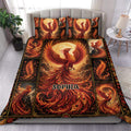 Fiery phoenix duvet cover with ornate black borders and matching pillowcases styled in a bright bedroom